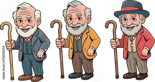 Cartoon elderly men, cane holders, stylish seniors, colorful outfits, character design, aging concept, smiling grandfather, lifestyle illustration, diversity