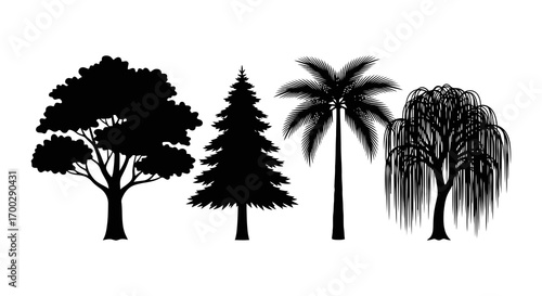 Collection of diverse tree silhouettes isolated on white background