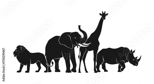 African animals silhouette group isolated on white background