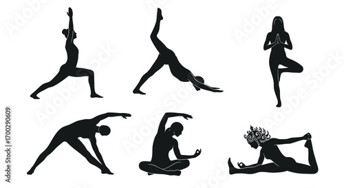 Six yoga poses silhouette isolated on white background