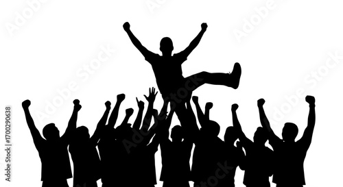 Crowd cheering and lifting one person up silhouette isolated on white background