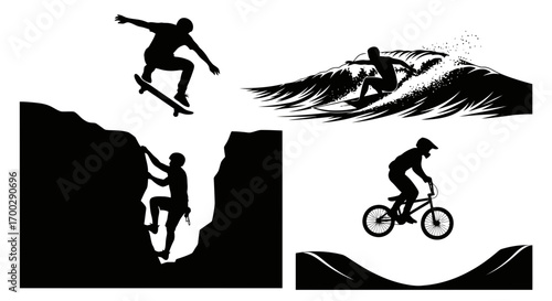 Extreme sports silhouettes of skateboarder surfer climber and biker isolated on white background