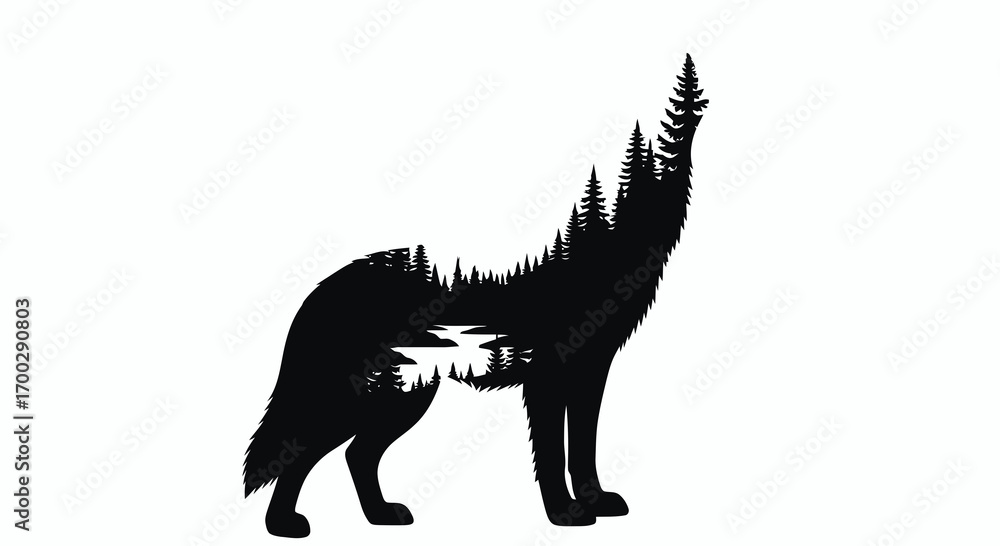 Fototapeta premium Wolf howling with forest landscape inside silhouette isolated on white background