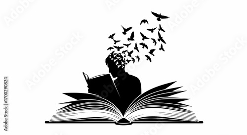 Silhouette of person reading book with birds flying from head isolated on white background
