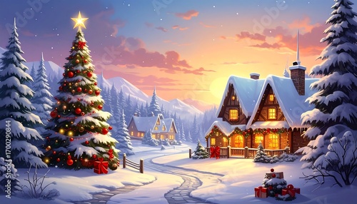 A picturesque winter scene, showcasing a cozy Christmas village with a grand Christmas tree at its center, bathed in warm, golden light at dusk.