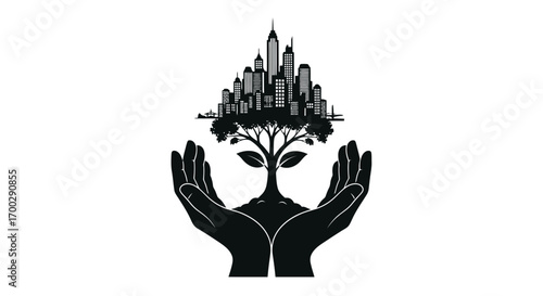 Hands holding tree with city skyline silhouette isolated on white background
