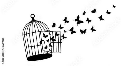 Butterflies escaping from an open birdcage silhouette isolated on white background