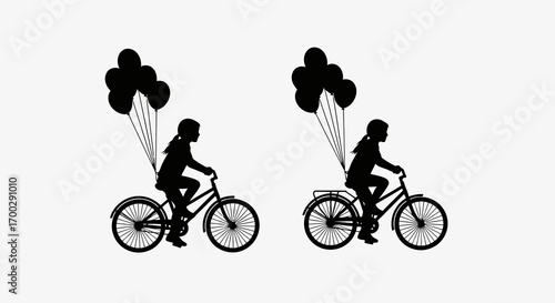 Two girls riding bicycles with balloons silhouette isolated on white background