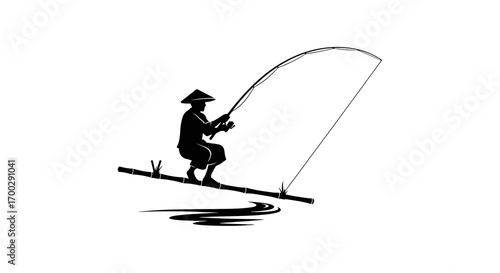 Fisherman wearing conical hat fishing from bamboo silhouette isolated on white background