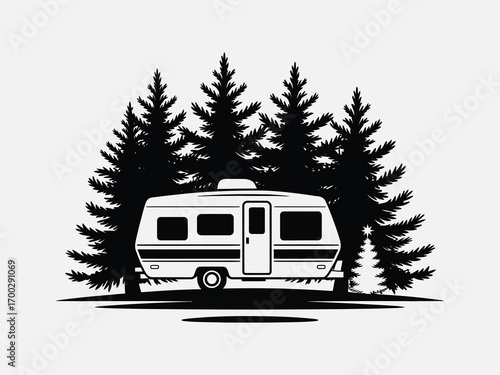 RV Camping Adventure Silhouette of Trailer Among Tall Trees in Forest