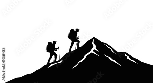 Two hikers climbing a mountain silhouette isolated on white background