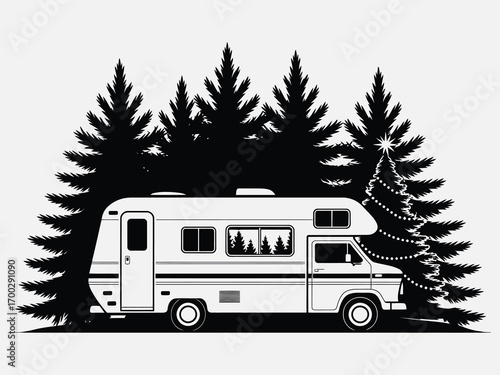 Festive holiday camping adventure featuring a motorhome and decorated Christmas tree in a forest silhouette vector