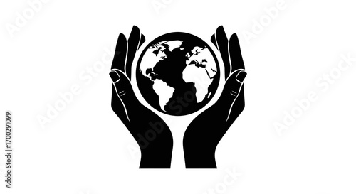 Hands holding planet earth silhouette isolated on white background