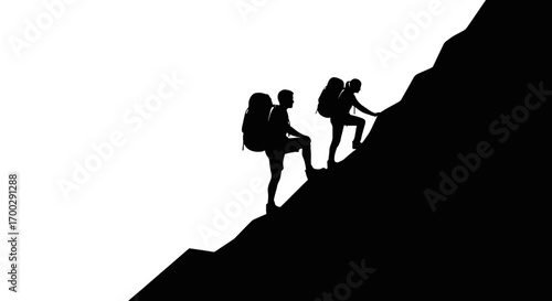 Two hikers climbing a mountain silhouette isolated on white background
