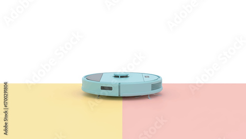 Robot vacuum cleaner cleaning pastel surface in modern home, showcasing convenience and technology for efficient housework, clean and minimalist.