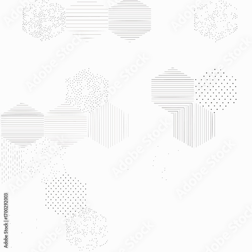 Geometric arrangement of hexagons featuring varied line and dot patterns in grayscale, seamless pattern, royalty free stock.