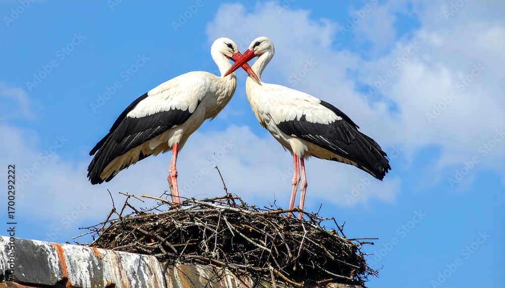 Fototapeta premium Two storks in a nest against a vibrant blue sky, showcasing a serene and loving moment.
