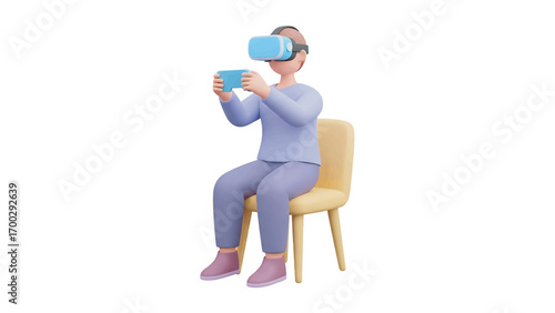 Person wearing virtual reality headset sitting on a chair and holding a phone, exploring digital world with excitement and curiosity in a minimalist setting.