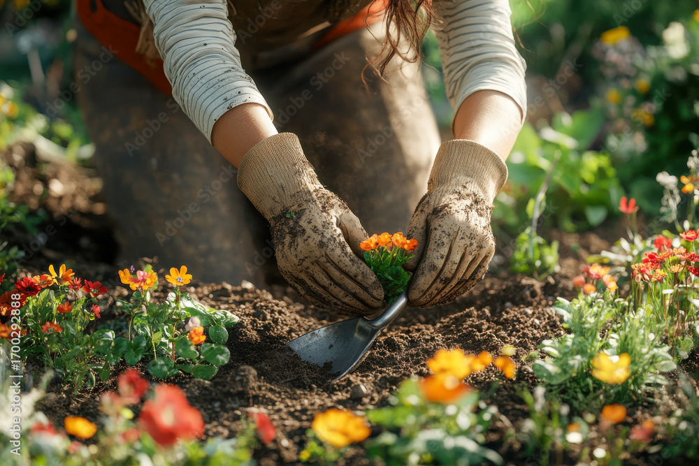 Obraz premium Hands in dirty gardening gloves planting small orange flowers into rich soil with a trowel in a sunny outdoor garden