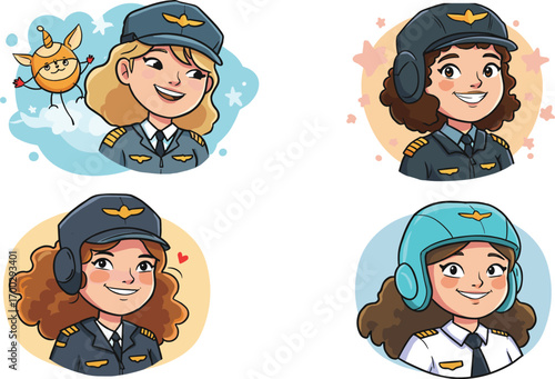 Cartoon female pilots in uniform, aviation headset characters, smiling aviators, airline crew portrait, aviation career, cheerful illustration