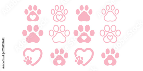 
Animal paw print icons representing dog and cat tracks, pet footprints, wildlife trail, symbol of pets, veterinary care, animal shelter, adoption, and pet-friendly design concept 