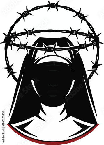 Illustration Art Vector Featuring Nun with Barbed Wire Halo Dark Graphic Design