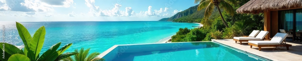 Fototapeta premium Sun-drenched infinity pool overlooking a pristine, turquoise ocean; lush tropical foliage frames the scene, embodying ultimate relaxation and escape , destination, pool