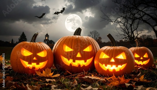 Glowing pumpkins arranged on fallen leaves against a dark, cloudy night with a full moon and distant building