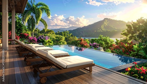 Luxurious infinity pool with panoramic mountain and tropical views, set on a wooden deck.  A serene and tranquil scene, perfect for relaxation.