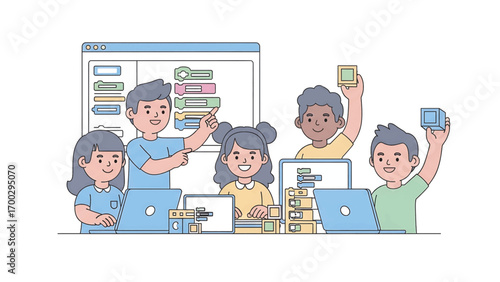 Enthusiastic children learning to code together in classroom with laptops and blocks, showcasing teamwork and future technology skills with bright, cheerful atmosphere.