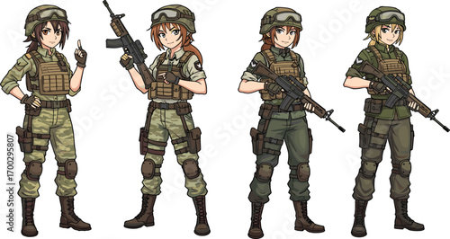 Cartoon female soldiers in tactical gear, anime-style military women with rifles, camouflage uniforms, combat-ready pose, character illustration