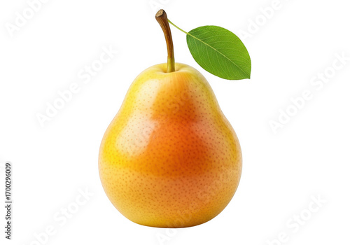 Golden pear with green leaf isolated on transparent background