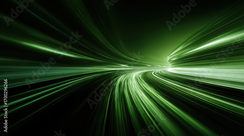 Dynamic green light trail creates futuristic and energetic visual effect, suggesting speed and motion. abstract design evokes sense of technology and innovation