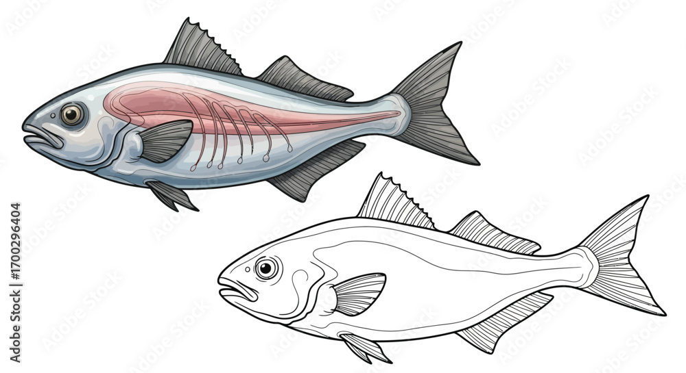 Fototapeta premium Antarctic Icefish Dual View Coloring Page with Pre-Colored and Outline Versions for Kids