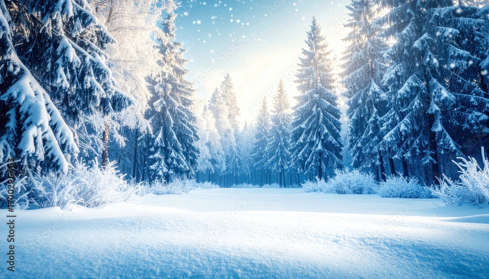 Fototapeta premium Winter wonderland Snowy forest landscape with sunlight, and nature.