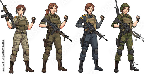 Cartoon female soldiers with rifles, military women in tactical gear, camouflage uniforms, army character design, combat-ready illustration