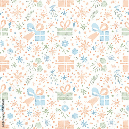 Festive Christmas pattern featuring gifts, snowflakes, and botanical elements, seamless pattern, Stock royalty free image.