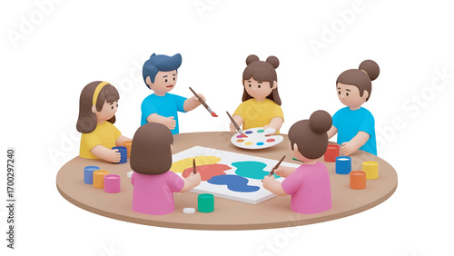 Children painting colorful artwork together at round table in bright studio, creating vibrant masterpiece with joy and creativity.