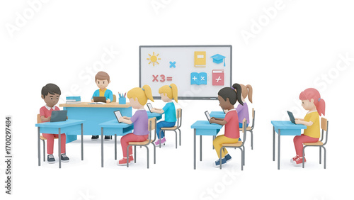 Students learn using tablets in bright classroom, engaging with interactive lessons and fostering collaborative learning in a modern educational environment.