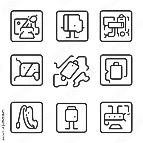 Collection of nine square icons depicting various industrial and technological elements.