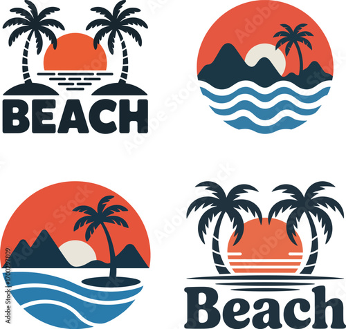 Four beach themed vector logos with palm trees sunset waves and mountains