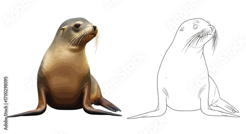 Detailed Australian Sea Lion Sitting Pose Coloring Page with Outline Drawing for Children Adults