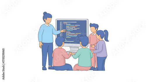 Teacher explaining code to students around a computer screen in a classroom, fostering collaboration and learning, creating a positive educational environment.