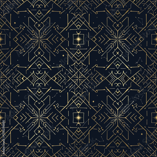 Elegant geometric pattern with gold lines and dark background for sophisticated designs, patern seamless, royalty stock.