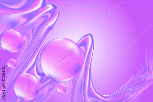 Futuristic lavender color 3D liquid flowing wave form, iridescent holographic bubbles, geometric abstract splash background with copy space. glass shape decoration.