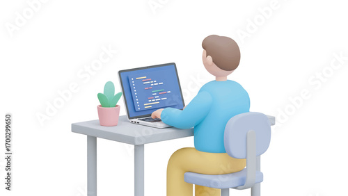 Man coding on laptop at desk in bright office, focused on programming task with a modern, minimalist aesthetic.