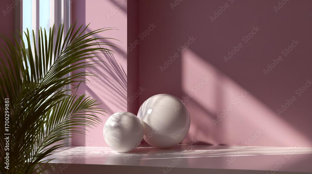 Fototapeta premium Abstract background for product presentation with a white table, two spheres, and a palm leaf on a pink wall with a window shadow