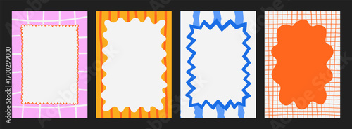 A trendy collection of vector frames and backgrounds with hand-drawn borders, abstract wavy lines retro-inspired patterns. Frames in playful colors. For invitations, posters, social media templates