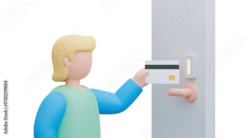 Cartoon character inserts credit card into a white card reader on a plain white surface, representing secure payment and modern technology.