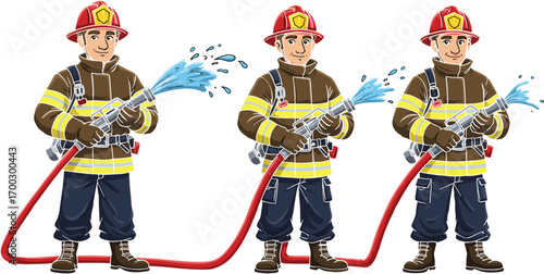 Cartoon firefighters spraying water, emergency response team in uniform, fire hose action, teamwork, safety gear, rescue illustration